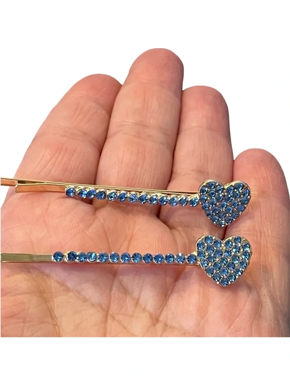 Blue Crystal Rhinestone Heart Gold Hair Clips approx 2.5”FINAL PRICE DROP